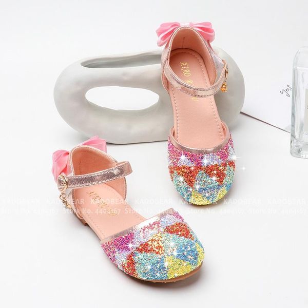 kids girl anime princess cosplay pu leather single shoes children summer slippers carnival party dance stage sequins bow sandals1, Black;red